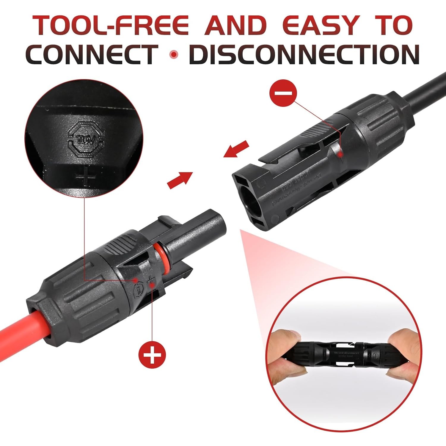 MC4 Y-Branch Solar Connectors 4-2 Parallel Adapter 10AWG IP68 Tool-Free 1.65FT