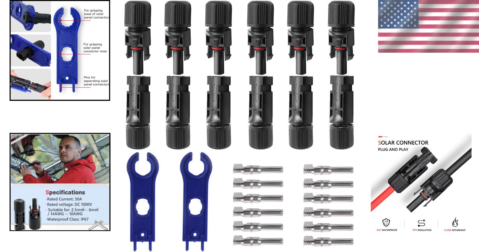 6 Pairs Waterproof Male/Female Solar Panel Connectors – Rated, Easy Install