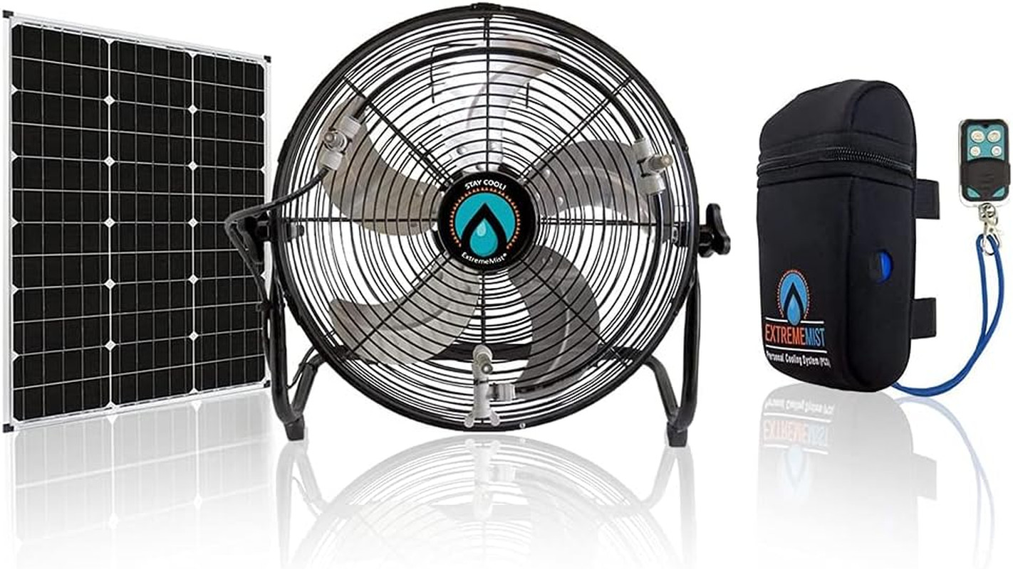 EXTREMEMIST 14” Solar Powered Misting Fan – 3 Mister Nozzles, 20W Solar Panel |