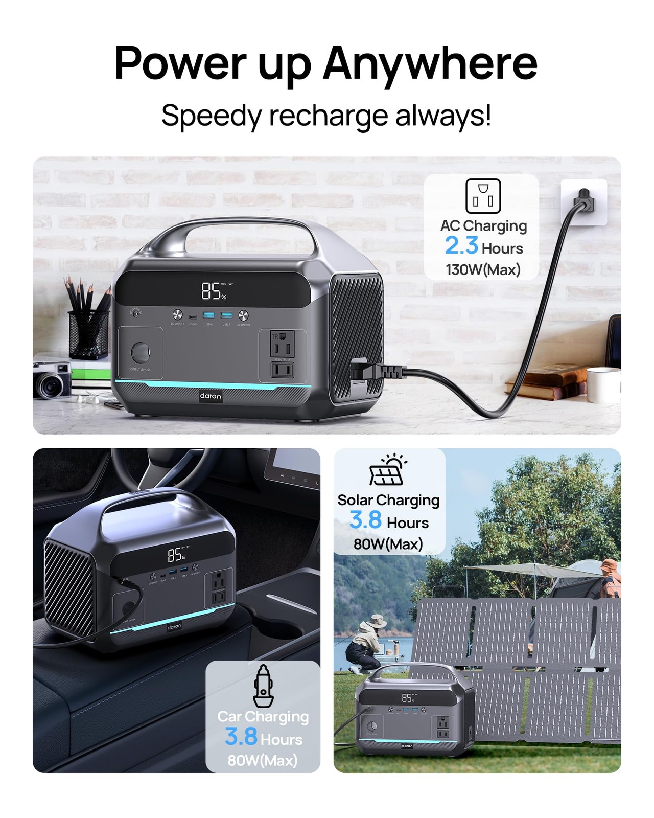 DARAN Portable Power Station 600W with 80W Solar Panel, 288Wh LiFePO4 Battery…