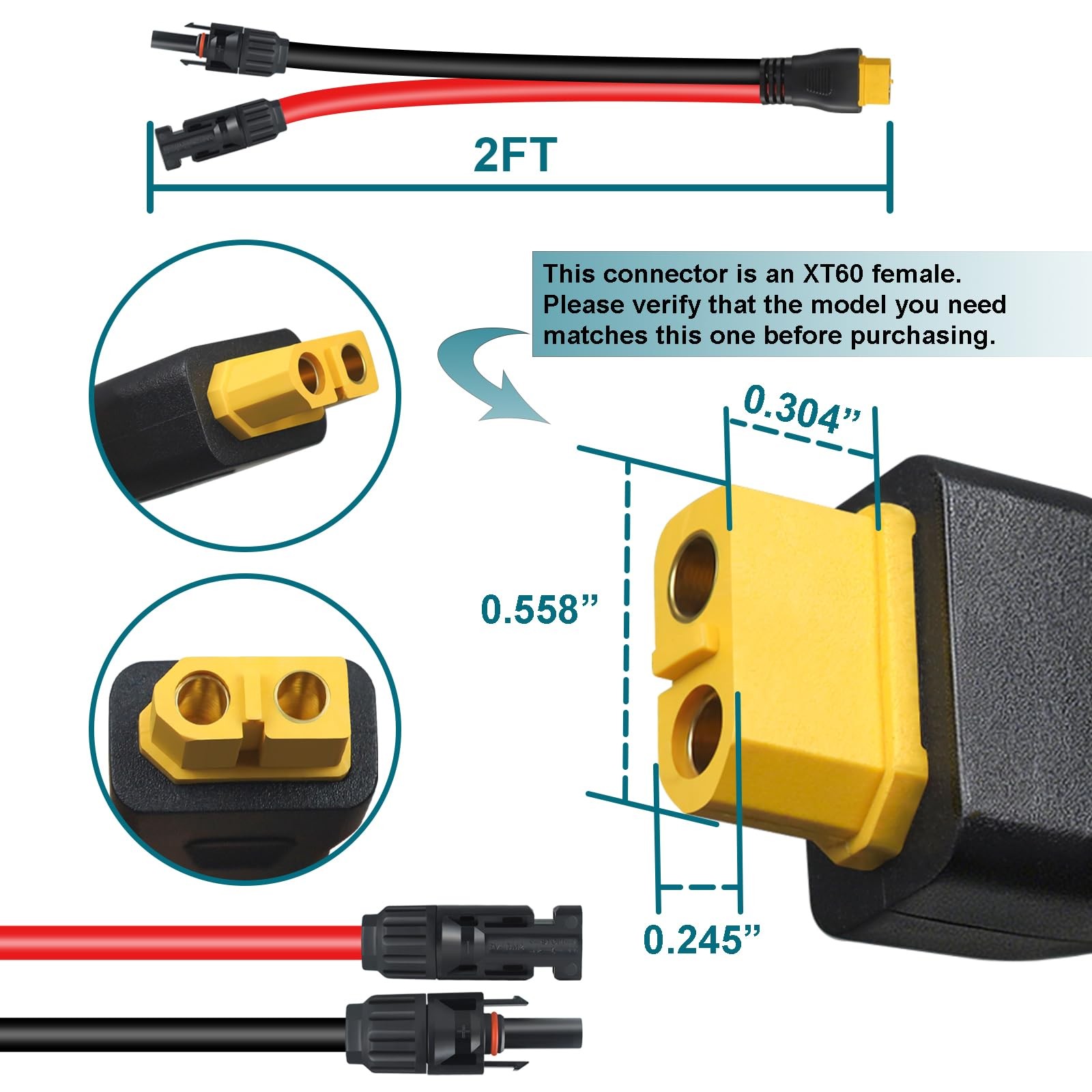 XT60 Connector, MC4 to XT60 Extension Charging Cable 2FT, Solar to XT60 Cable