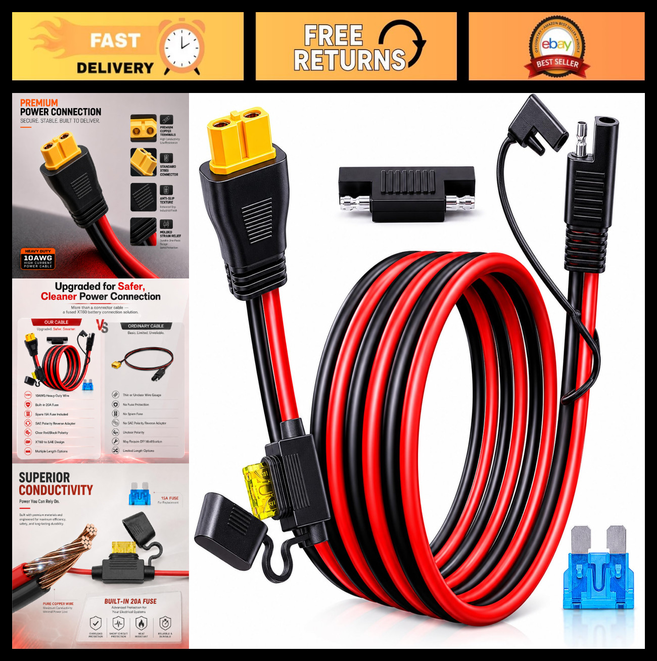 XT60 to SAE Connector Cable, 10AWG Heavy Duty with Inline Fuse for Solar, Batter