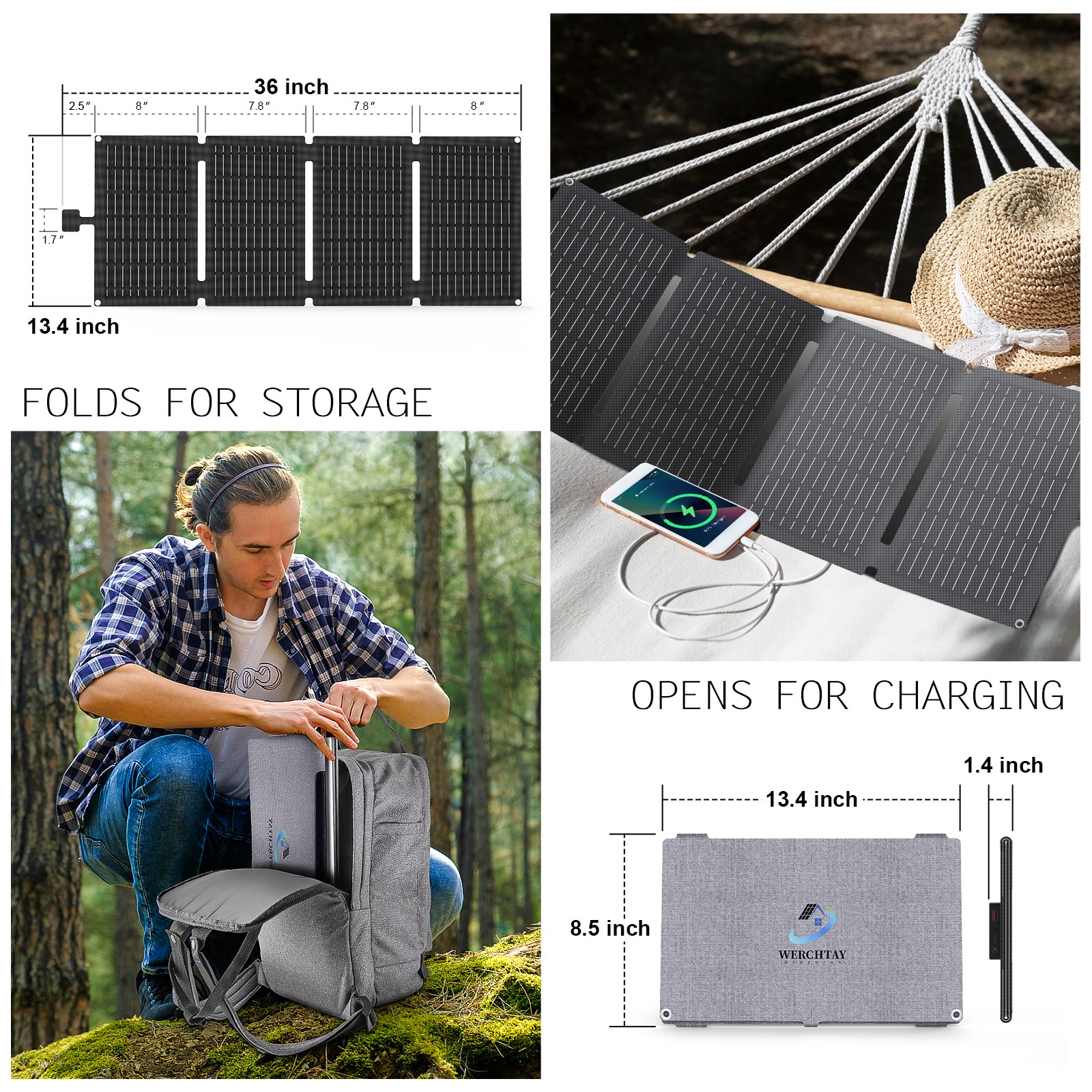 40W Foldable Waterproof Mono Solar Panel Charger RV with USB-C & USB-A Power NEW