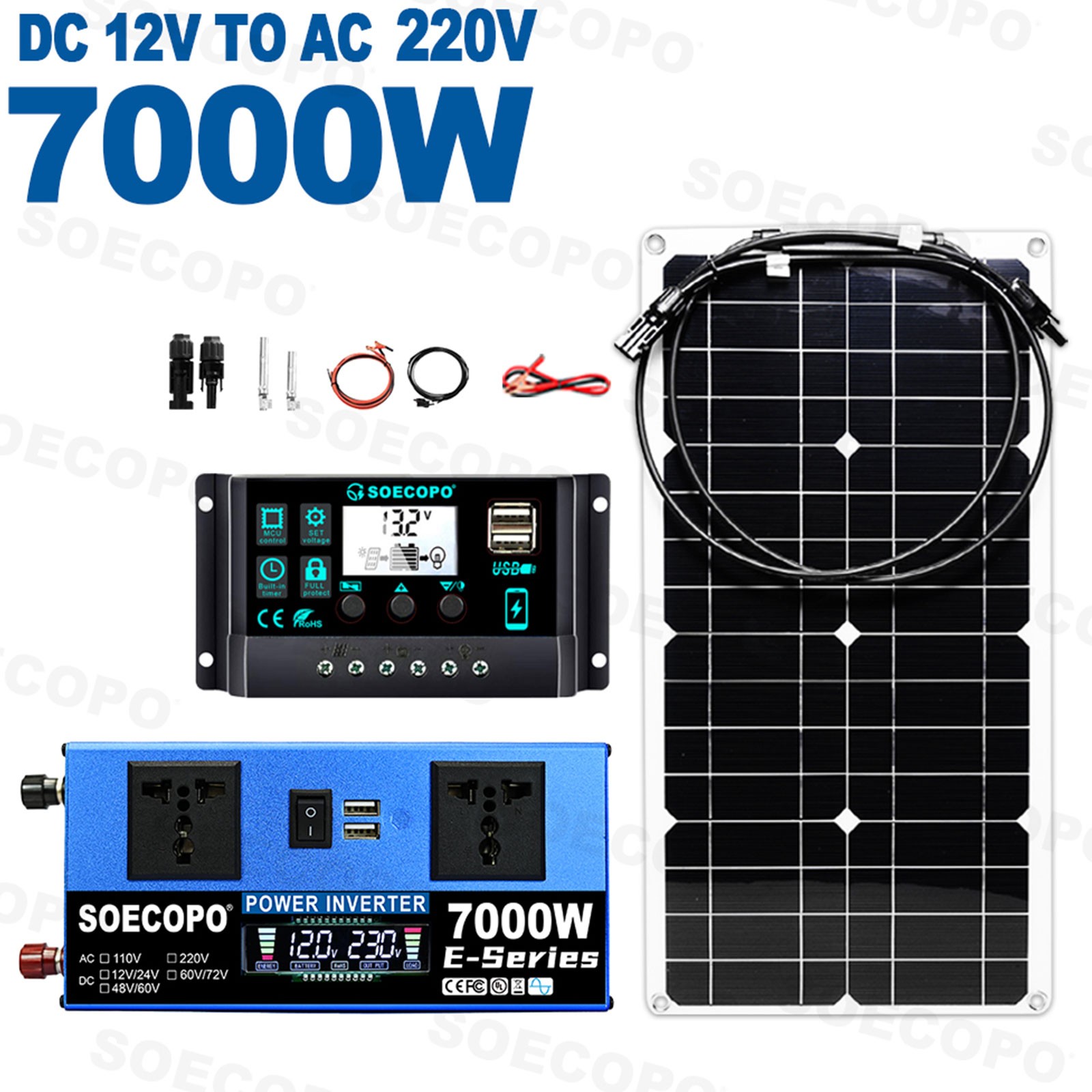7000W Peak Solar System Kit Flexible Panel DC12V24V AC110V/220V Inverter 100A