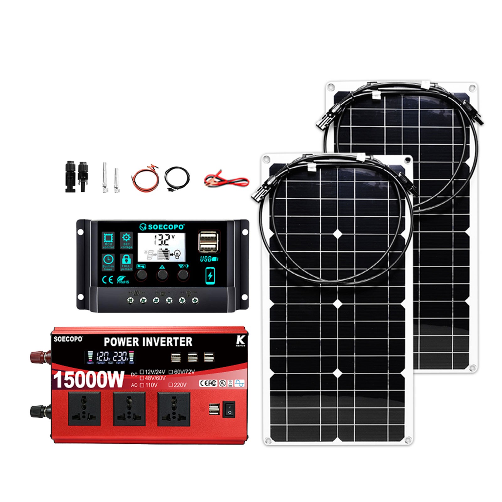 15000W Peak Solar System Kit 2pcs Flexible Panel DC12V/24V AC110V/220V Inverte9z
