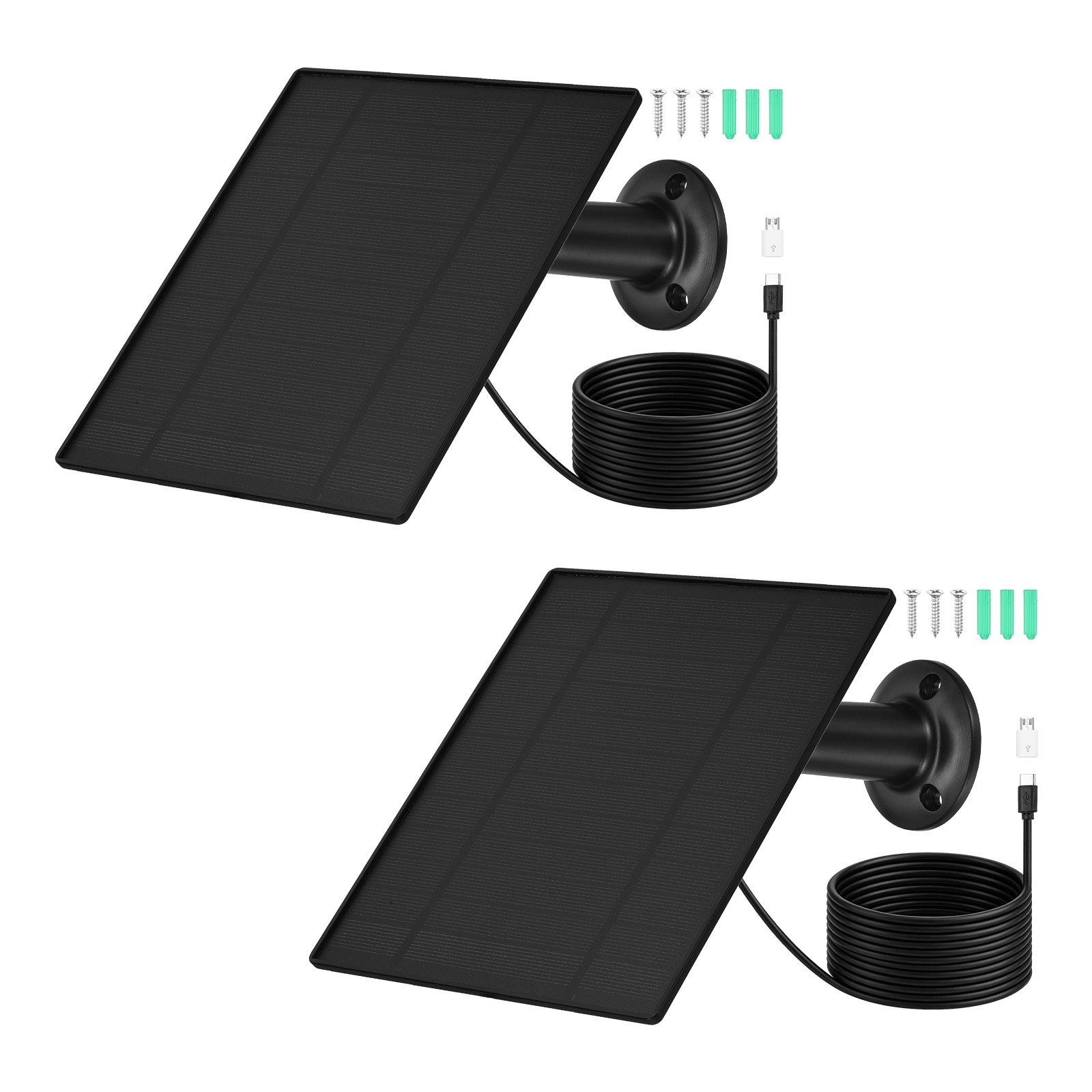 2 Pack of 5V 5W Solar Panel, Waterproof Dual Type-C/USB Solar Charger, Black