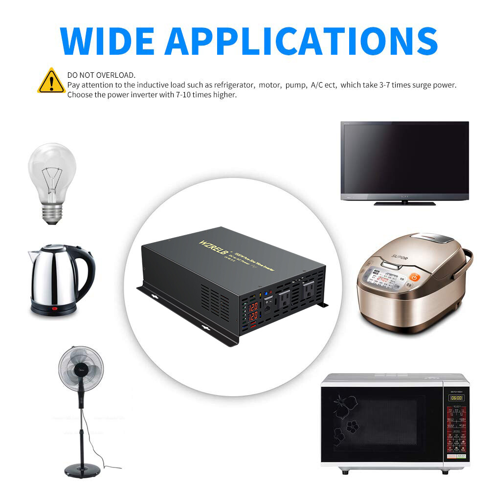 Pure Sine Wave Inverter Power Converter 1500W 12V DC to AC 120V Car Solar Remote
