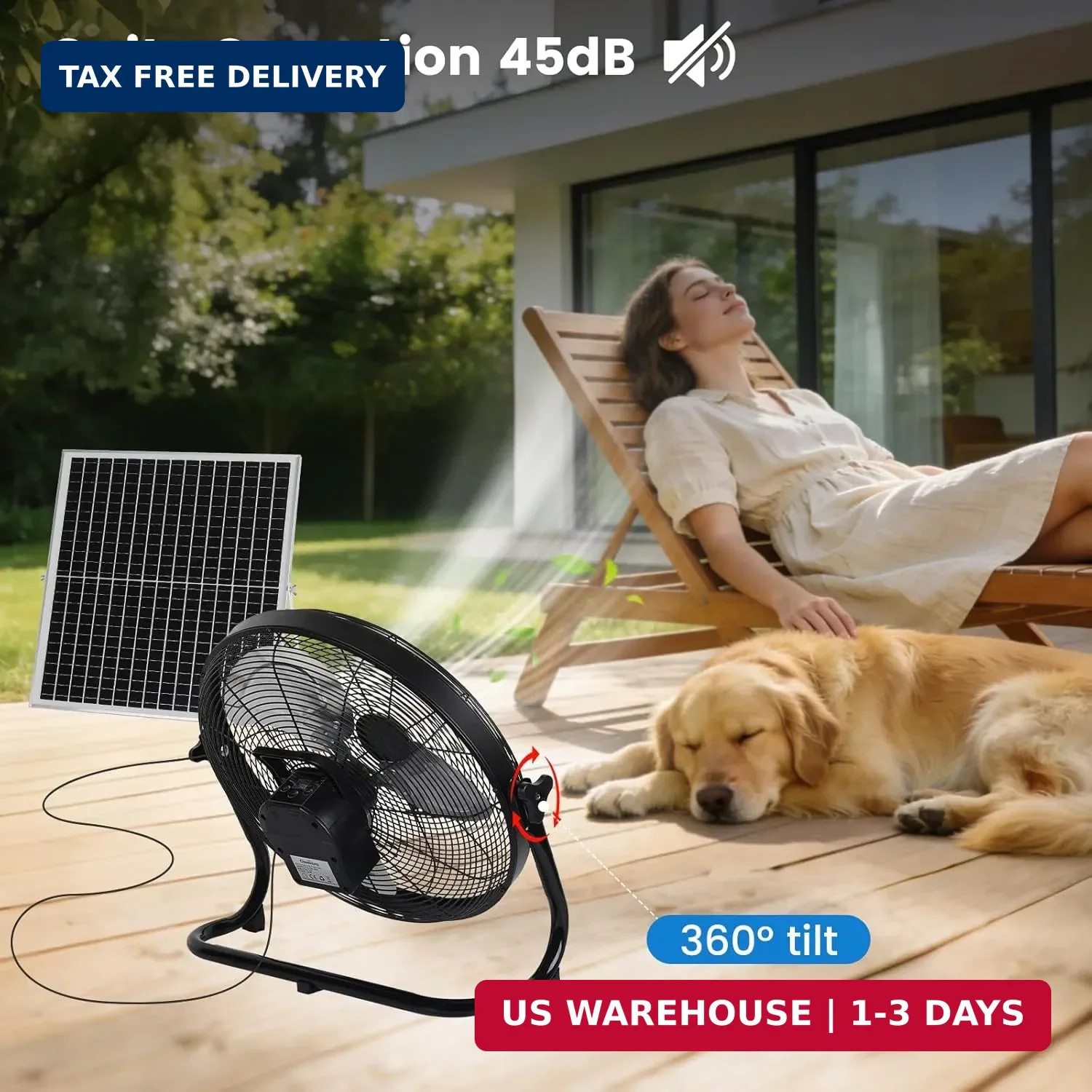 16” Solar Powered Fan with 35W Solar Panel, Rechargeable Battery Operated Floor