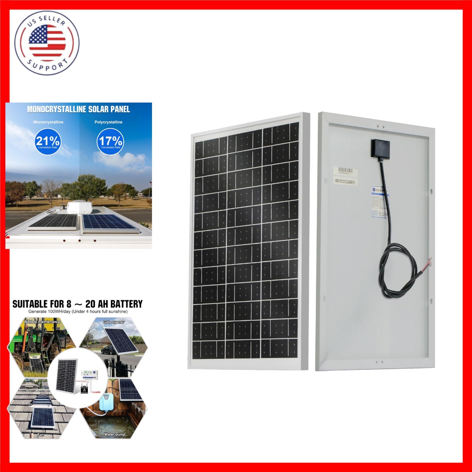 Solar Panel 25W 18V Monocrystalline Waterproof Panel for Charging 12V Battery…