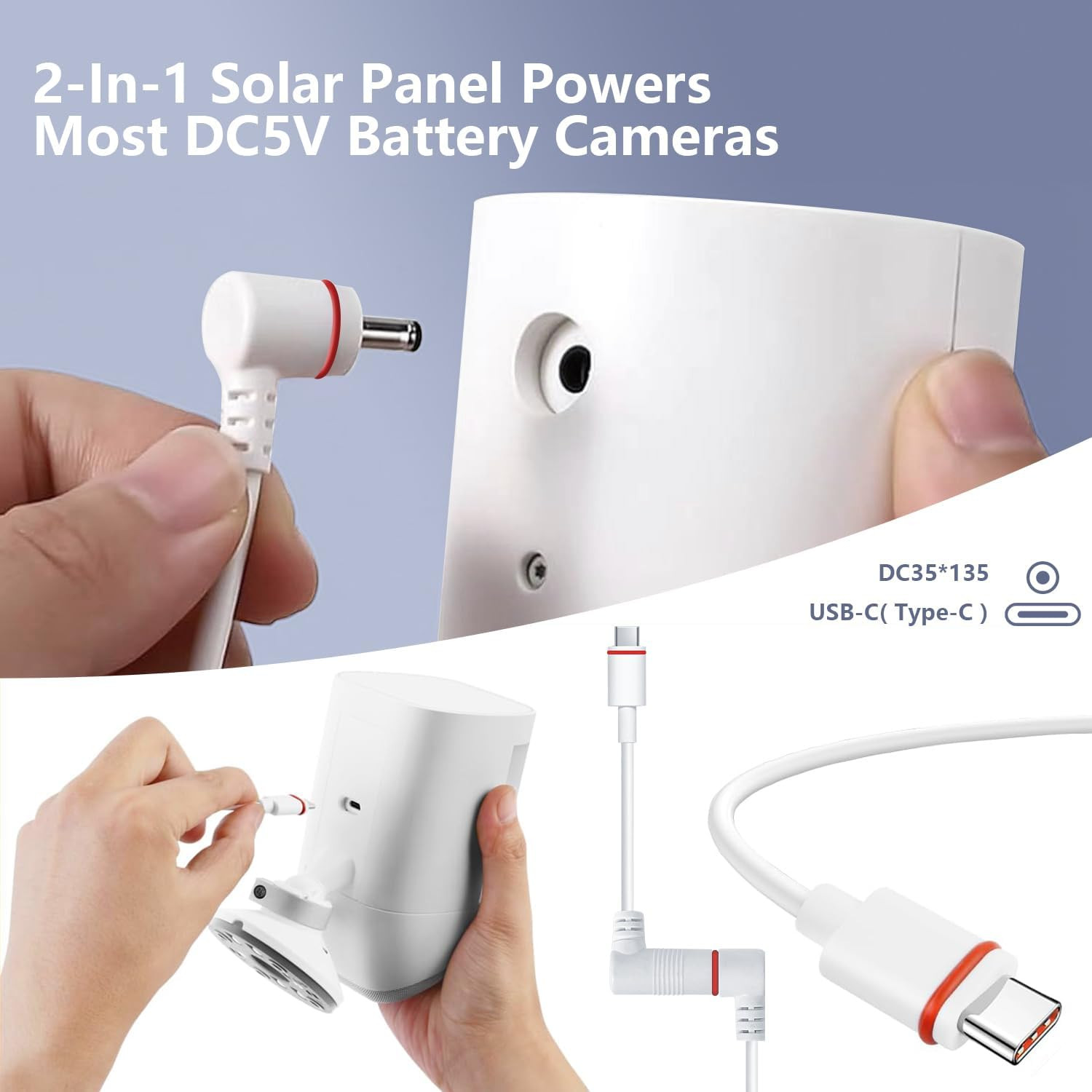 6W Solar Panel Charger for Ring Camera with 3M Cable and USB-C Adapter