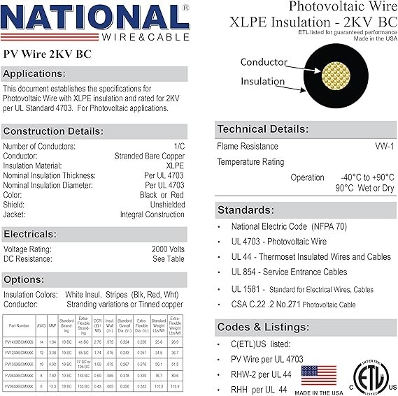 NATIONAL Wire&Cable 8 Gauge Solar Panel Professional Wire – Made in USA – 2×100