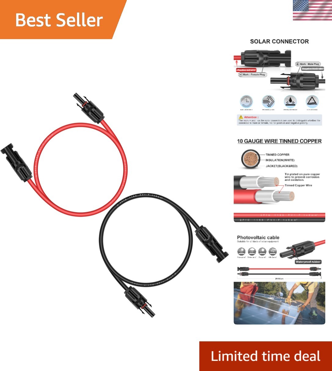 3FT 10AWG Solar Extension Cable – UV Resistant & Weatherproof Connectors