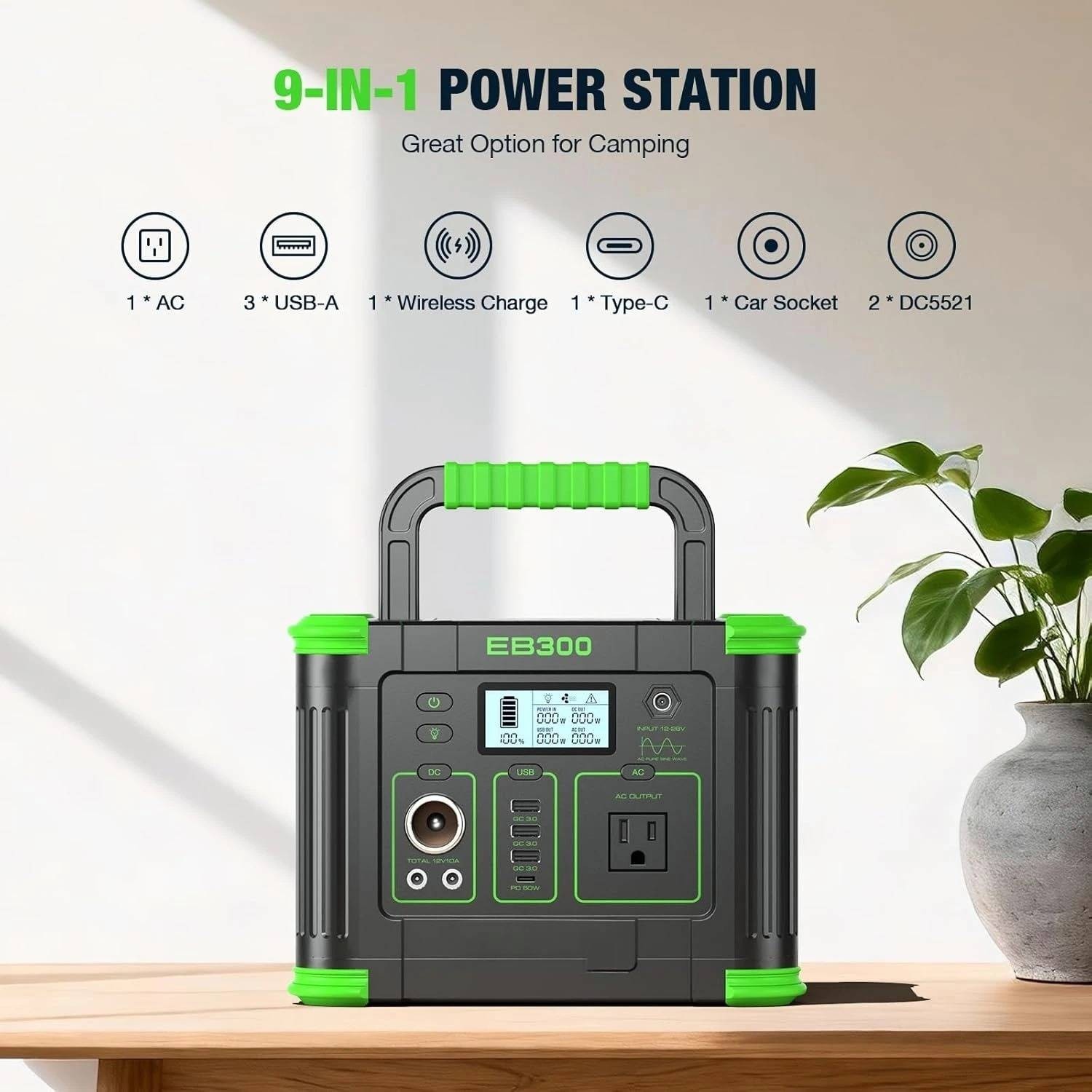 300W Portable Power Station Portable Solar Panel 100W 288.6Wh USB C Pure Solar