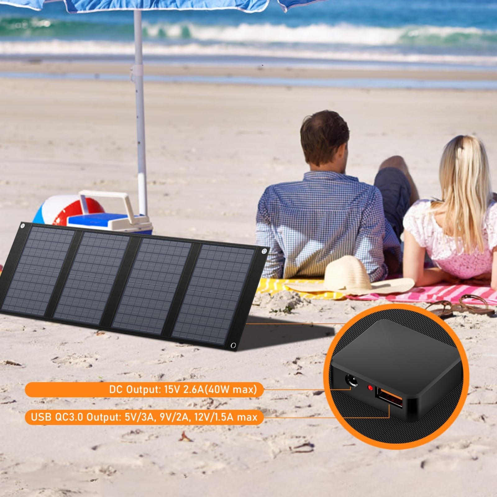 40W Foldable Solar Panel Charger for 100W-200W Power Station, USB QC3.0, 11 Conn