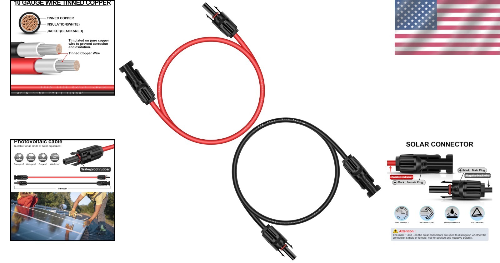 3FT 10AWG Solar Extension Cable – UV Resistant & Weatherproof Connectors