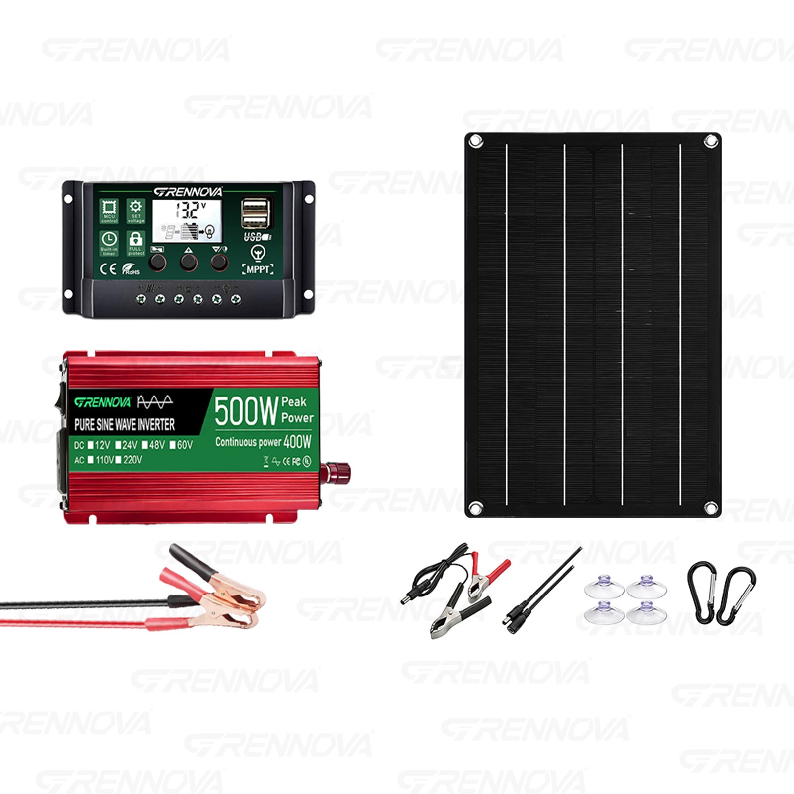Grennova 500W Pure Sine Solar System 50W Panel 60A MPPT Dual Voltage Inverter