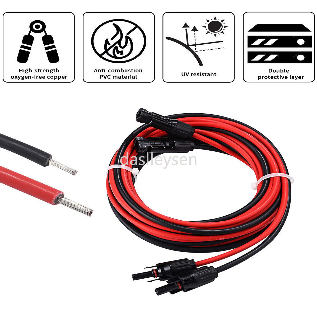 Black+Red 10 AWG Solar Panel Extension Cable Silicone Flexible Wire Connectors