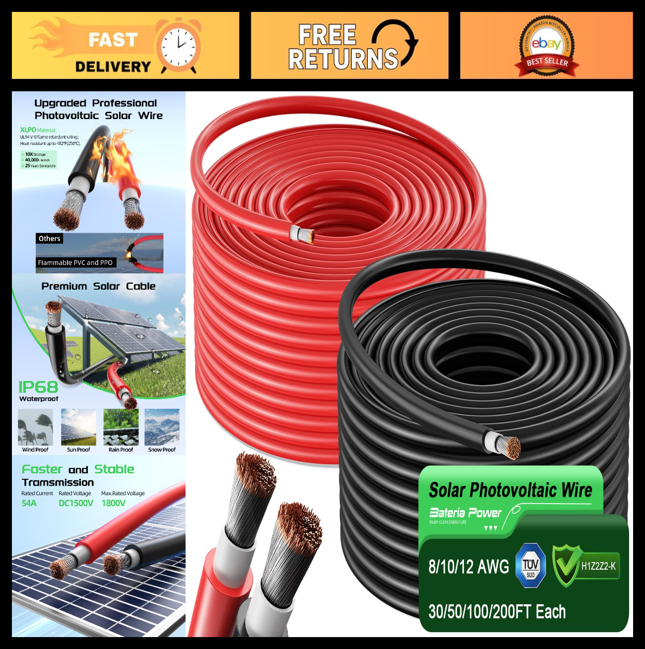 50Ft Red & 50Ft Black Solar Panel Extension Cable Kit, 10AWG Tinned Copper Wire