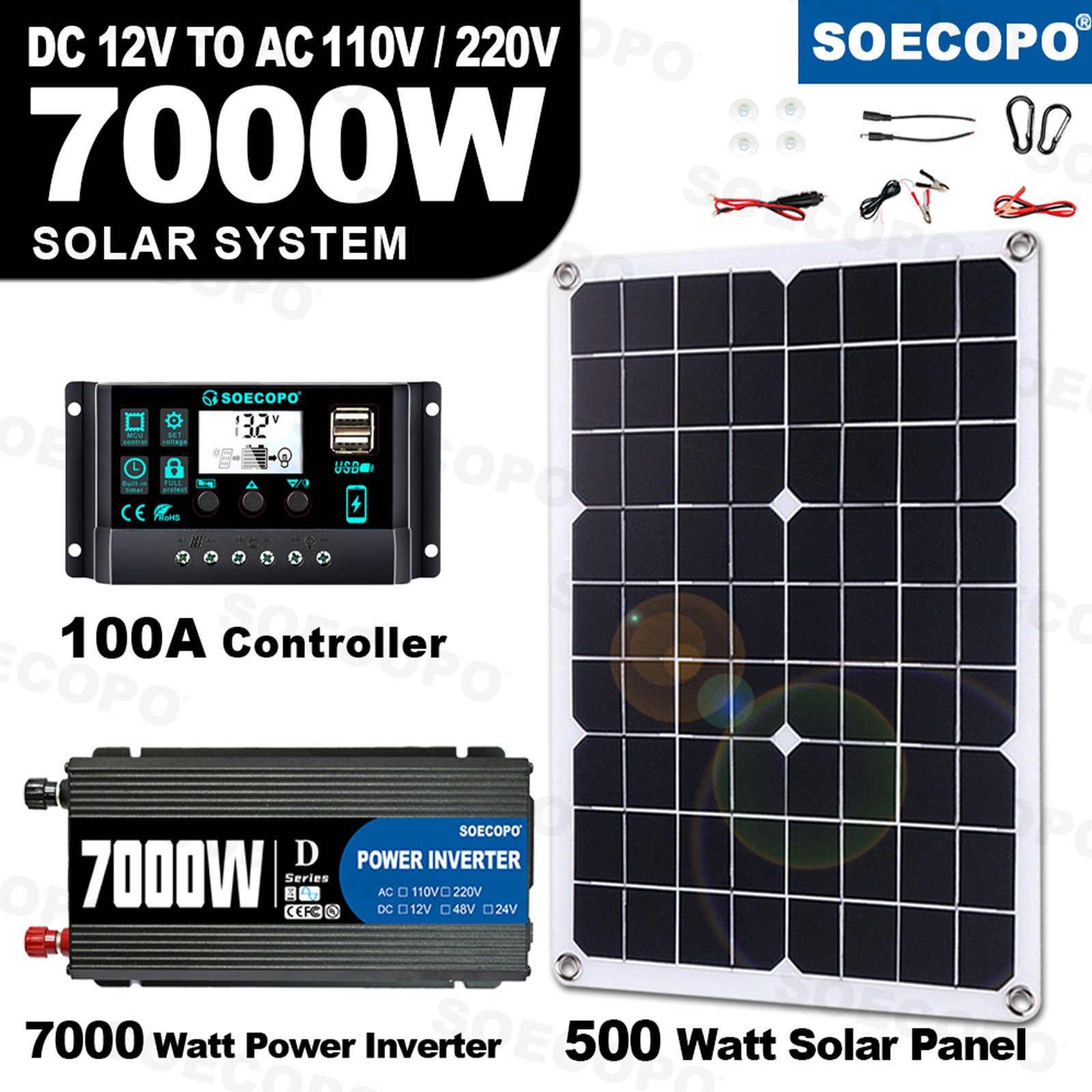 US 7000W Solar Kit 12V 110V Inverter Battery ChargerLighting Camping 500W Panel