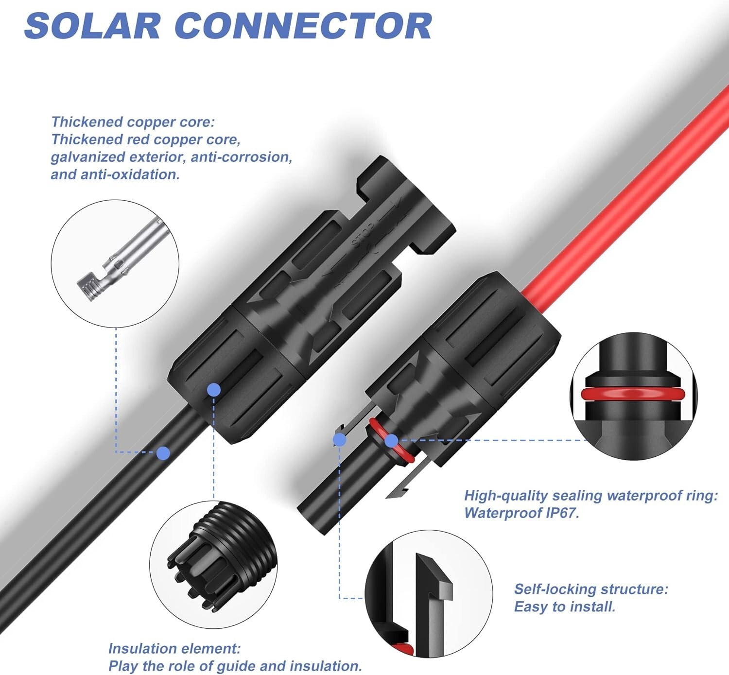 100FT 10 AWG Solar Panel Extension Cable PV Wire +Pair Solar Connectors 6mm²