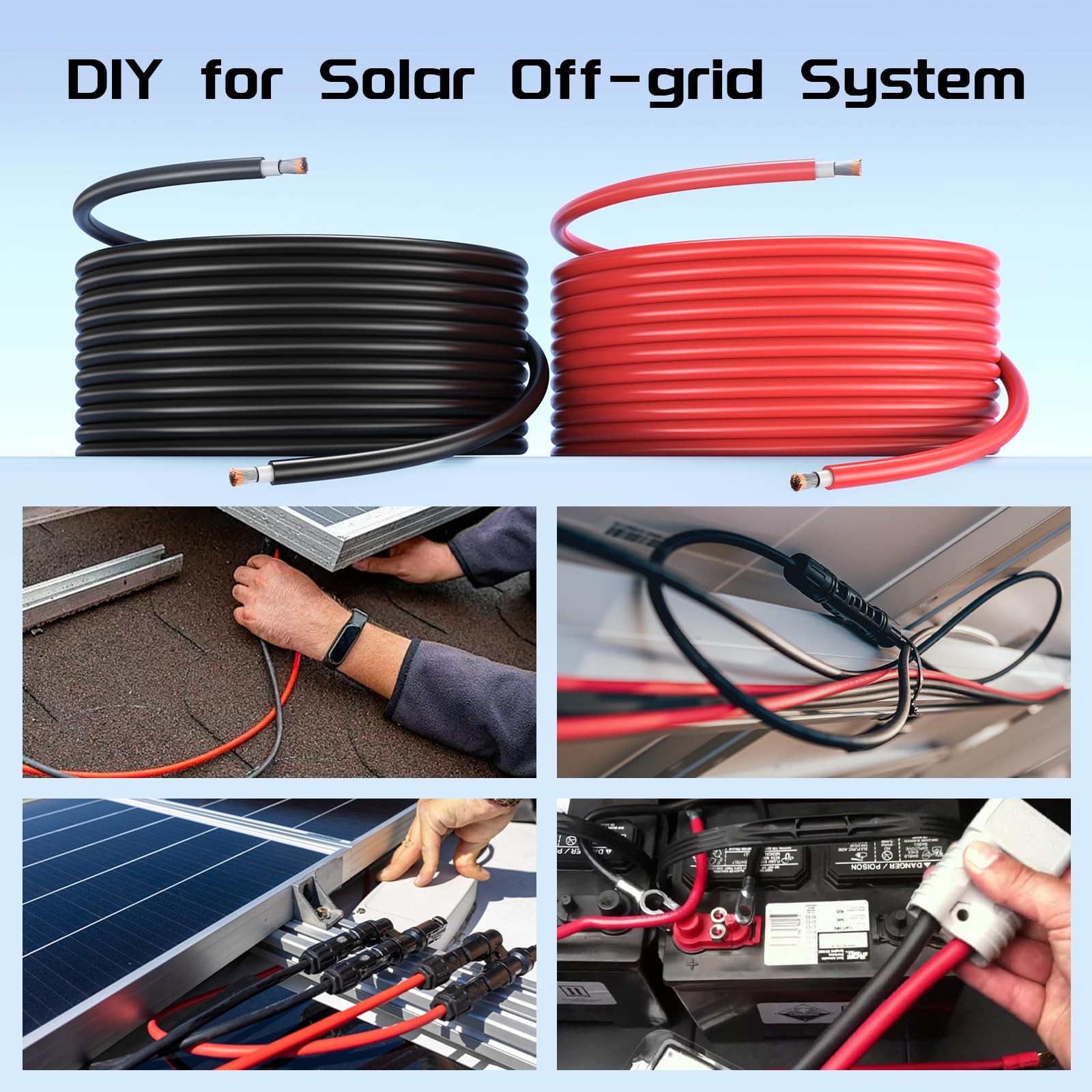 Bateria Power Solar Panel Wire 50Ft Black and 50Ft Red Kit, 10AWG 6mm² Solar …