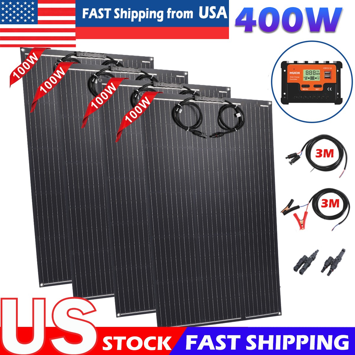 New 400W Solar Panel Monocrystalline Kit Off Grid RV Home Outdoor Camping New