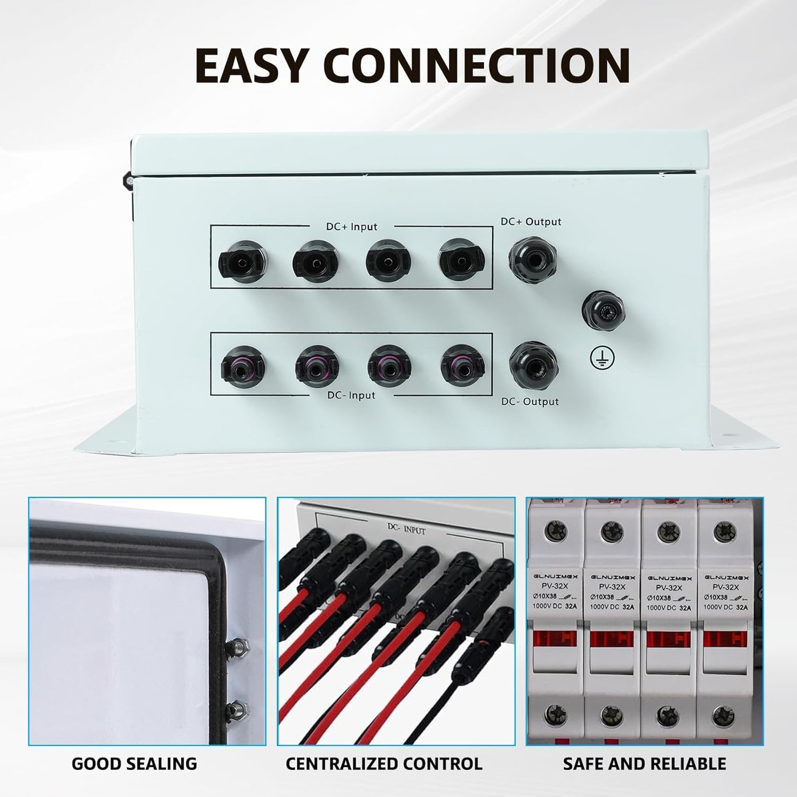 PV Combiner Box 4 String, IP65 Waterproof Solar Combiner with Lightning