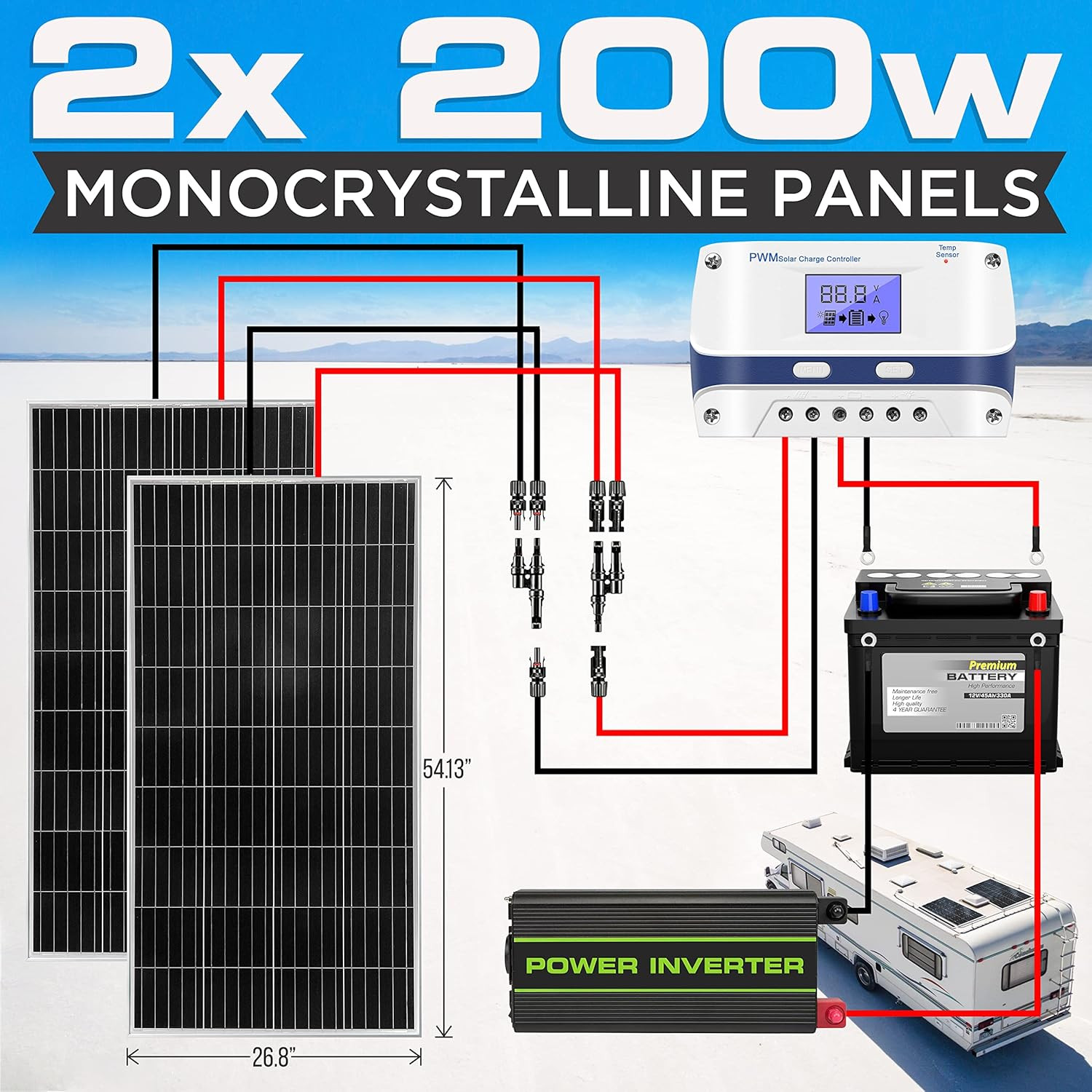 400 Watt 12V Portable Solar Starter Kit with 2 Pcs 200W Monocrystalline Set and