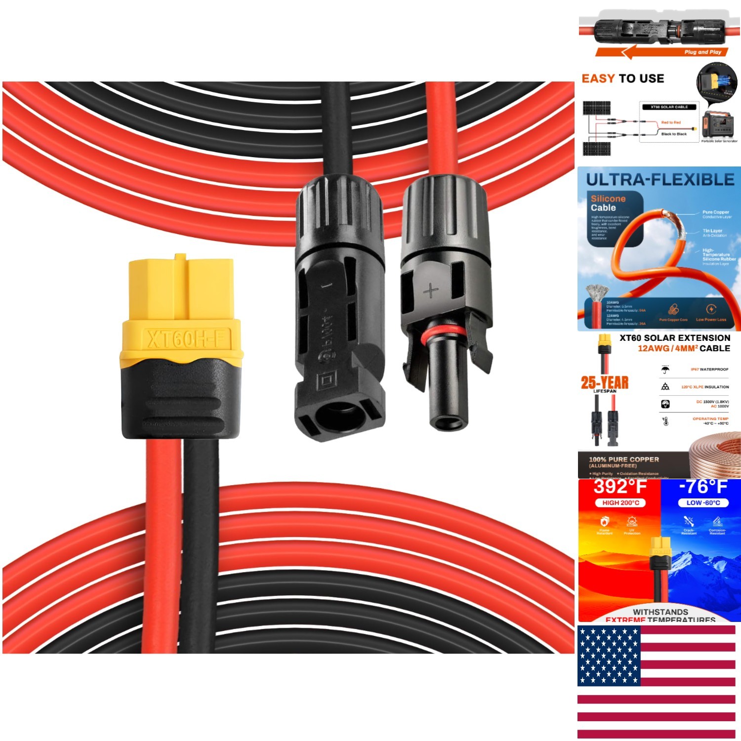 10Ft XT60 Extension Cable 12AWG – Waterproof Solar Connector for Efficient Power