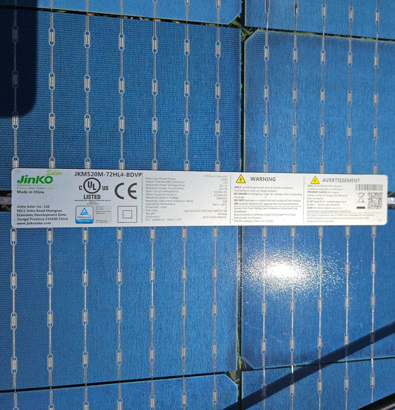 Solar Panel / Module – Jinko 520W Bifacial JKM520M-72HL4-TV