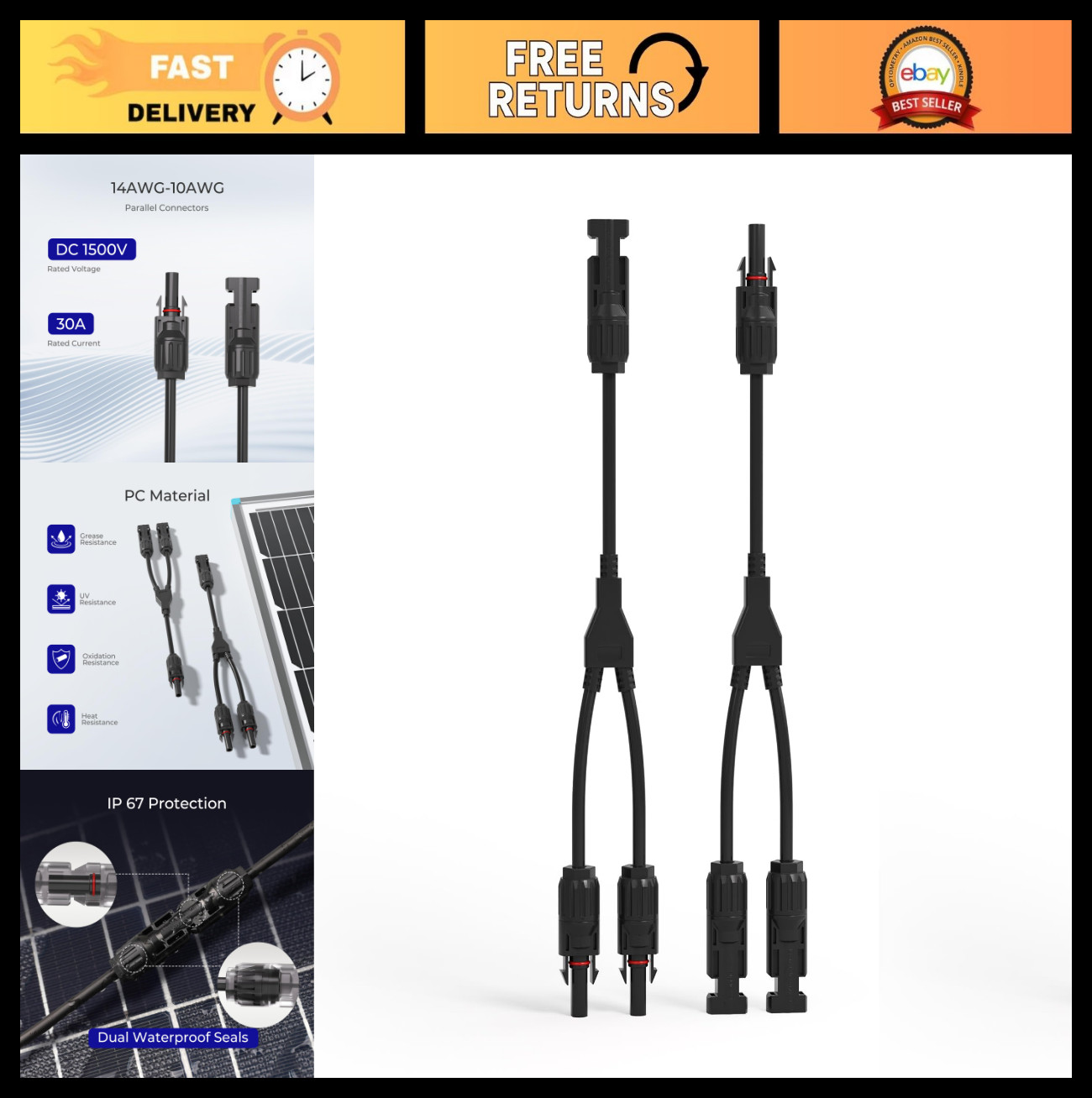 Solar Panel Connectors Parallel Y Branch, MMF+FFM Pair, Weatherproof & Durable