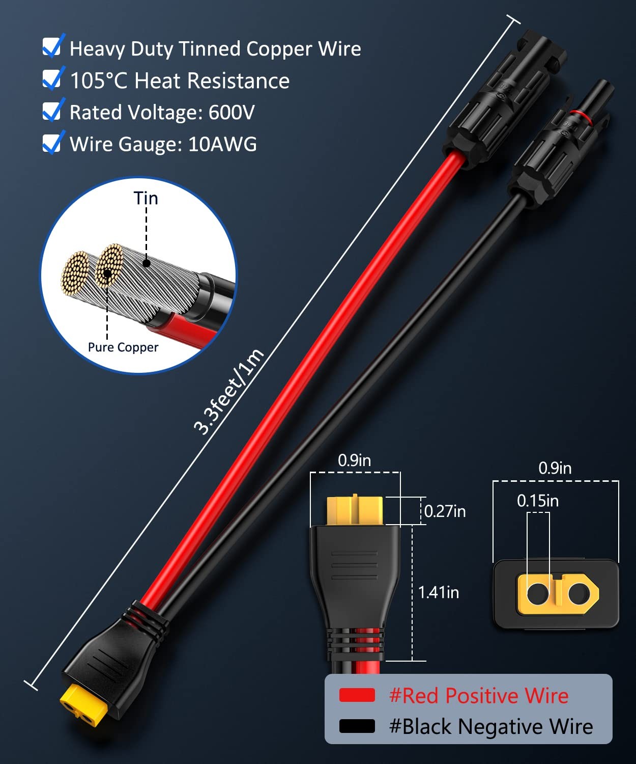 10AWG Solar Connector to XT60 Adapter Connector Extension Cable, XT60 Plug