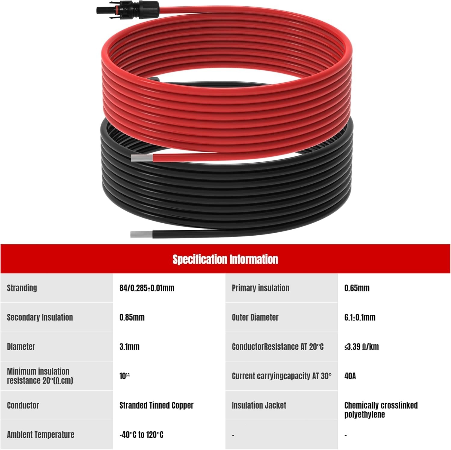10 AWG Solar Panel Extension Cable 30Ft for RV Boat Home,Black & Red