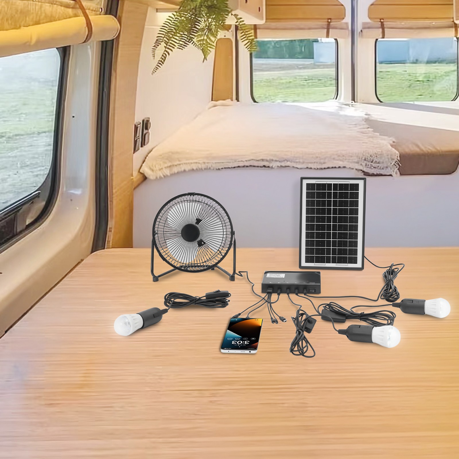 Solar Power Panel Kit Outdoor Camping USB Charging System W/ LED Light & 8″ Fan