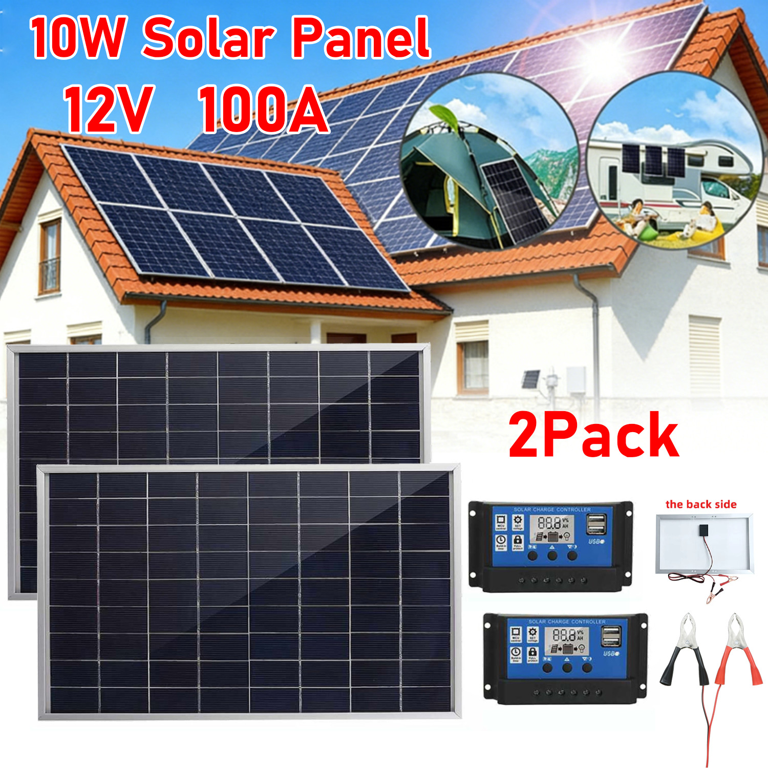 10W Solar Panel 12V Solar Battery Trickle Charger 100A W/ Controller Maintainer