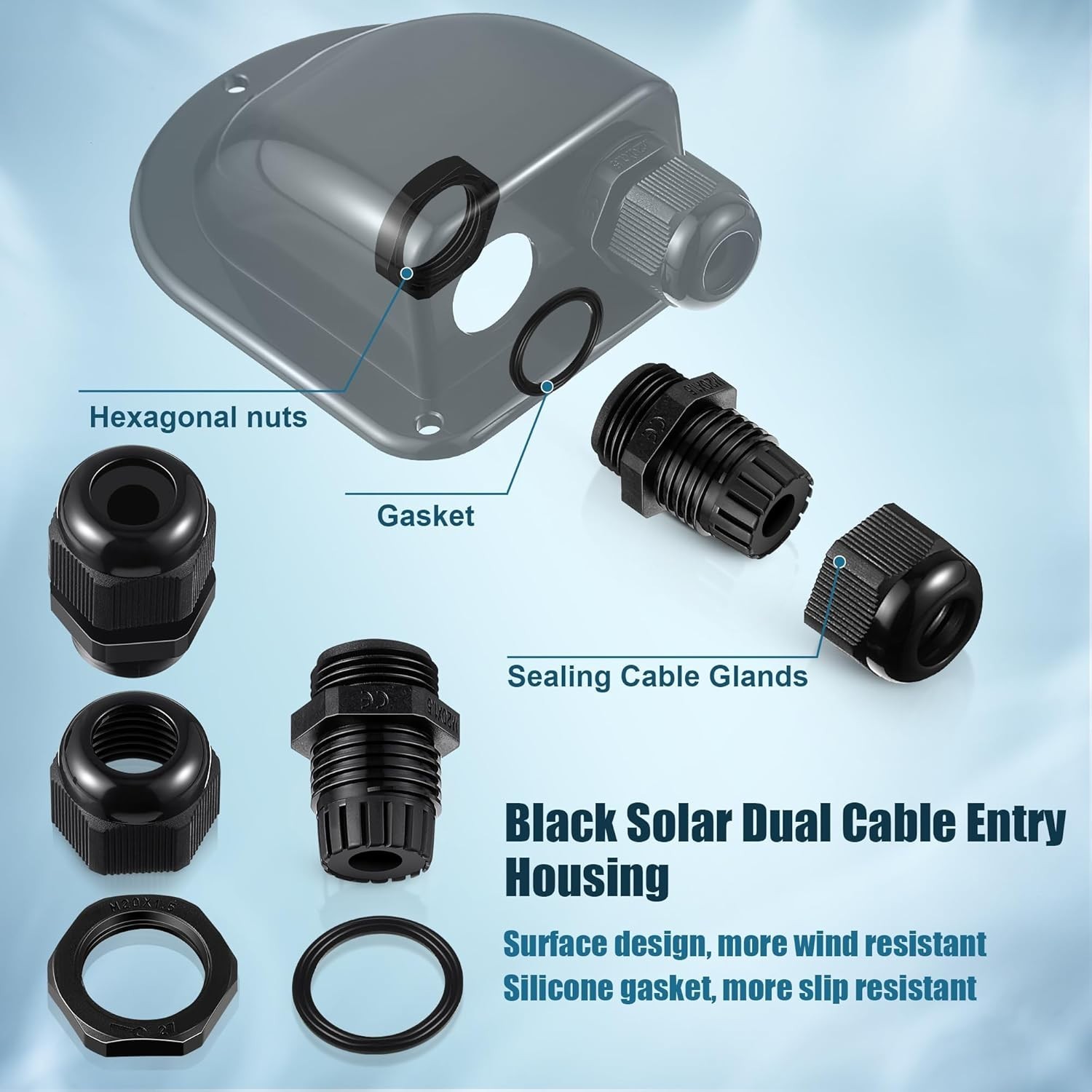 Enhon 2 Pack Solar Cable Entry Gland, Weather Resistant Solar Gland, Dual Cable