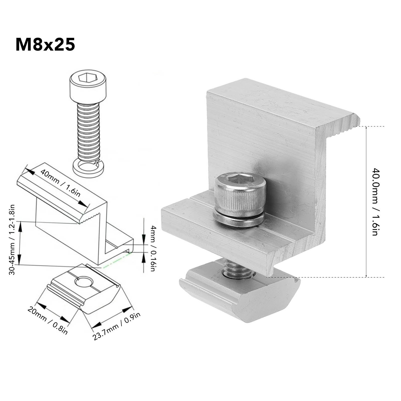 10x Solar Mount Z Bracket Pressing Block PV Panel Rail End Grounding Clamps 40mm