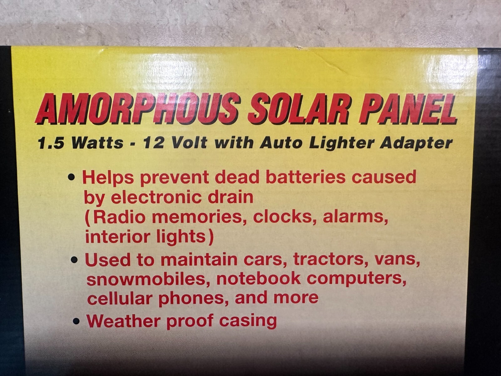 Amorphous Solar Panel 12 Volt Auto Light Adapter 1.5 Watts