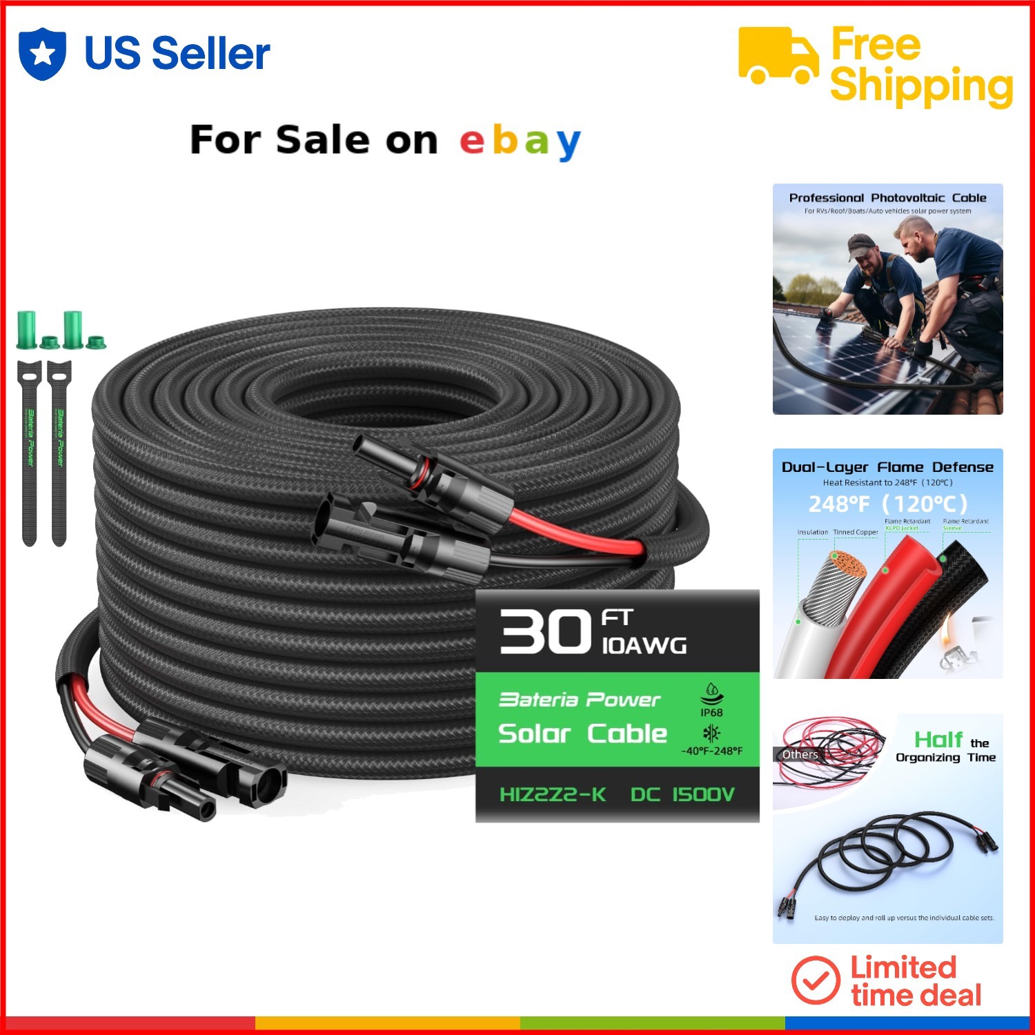 Solar Extension Cable 10AWG 30FT Waterproof Connectors Flame Retardant Heavy …