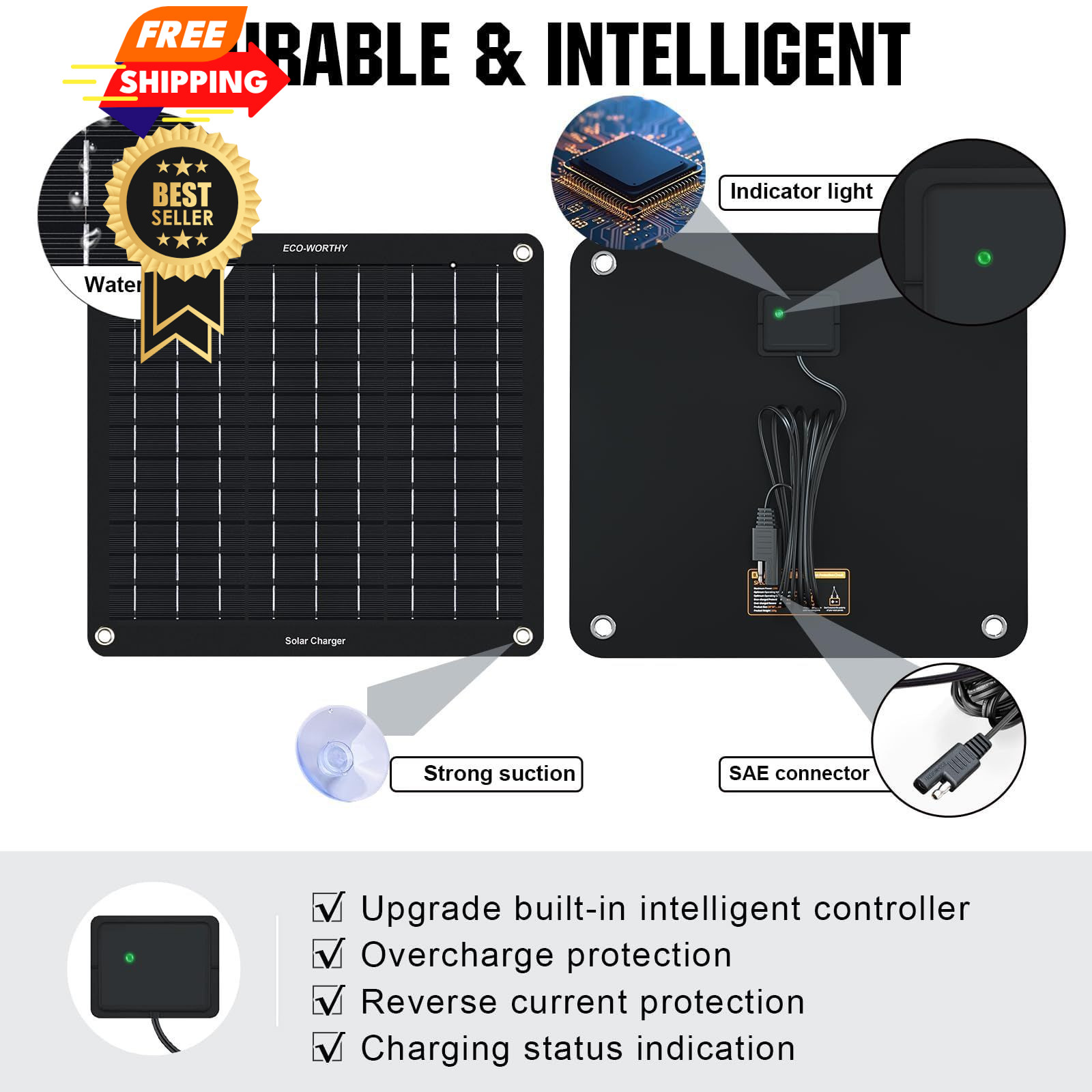 ECO-WORTHY 10W Solar Car Battery Charger Maintainer 12V Waterproof 10W, Black