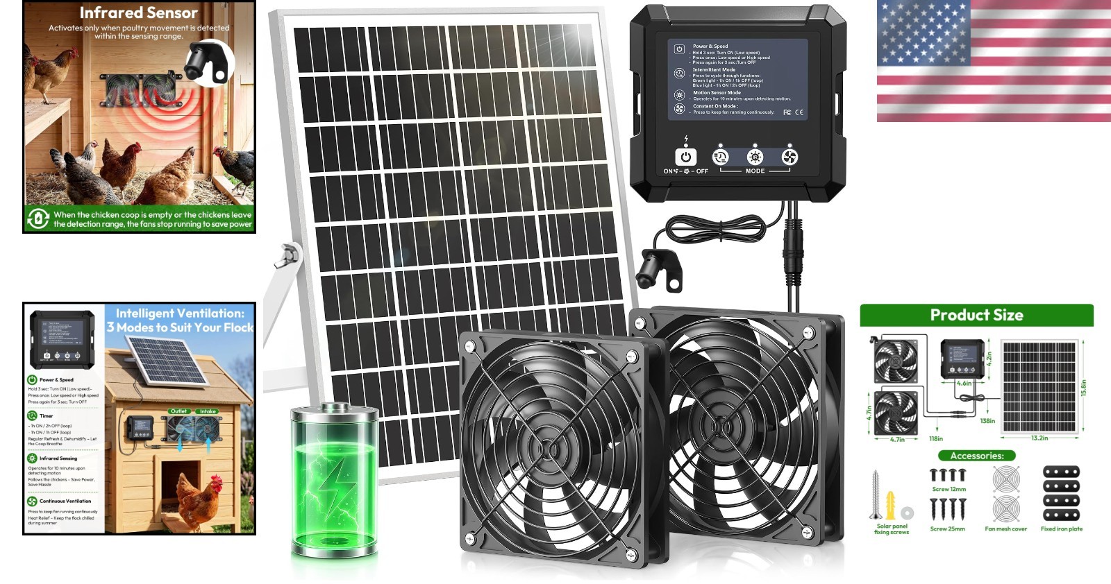 Dual High-Speed Solar Fans with 7500mAh Battery – Ideal for Coop Ventilation