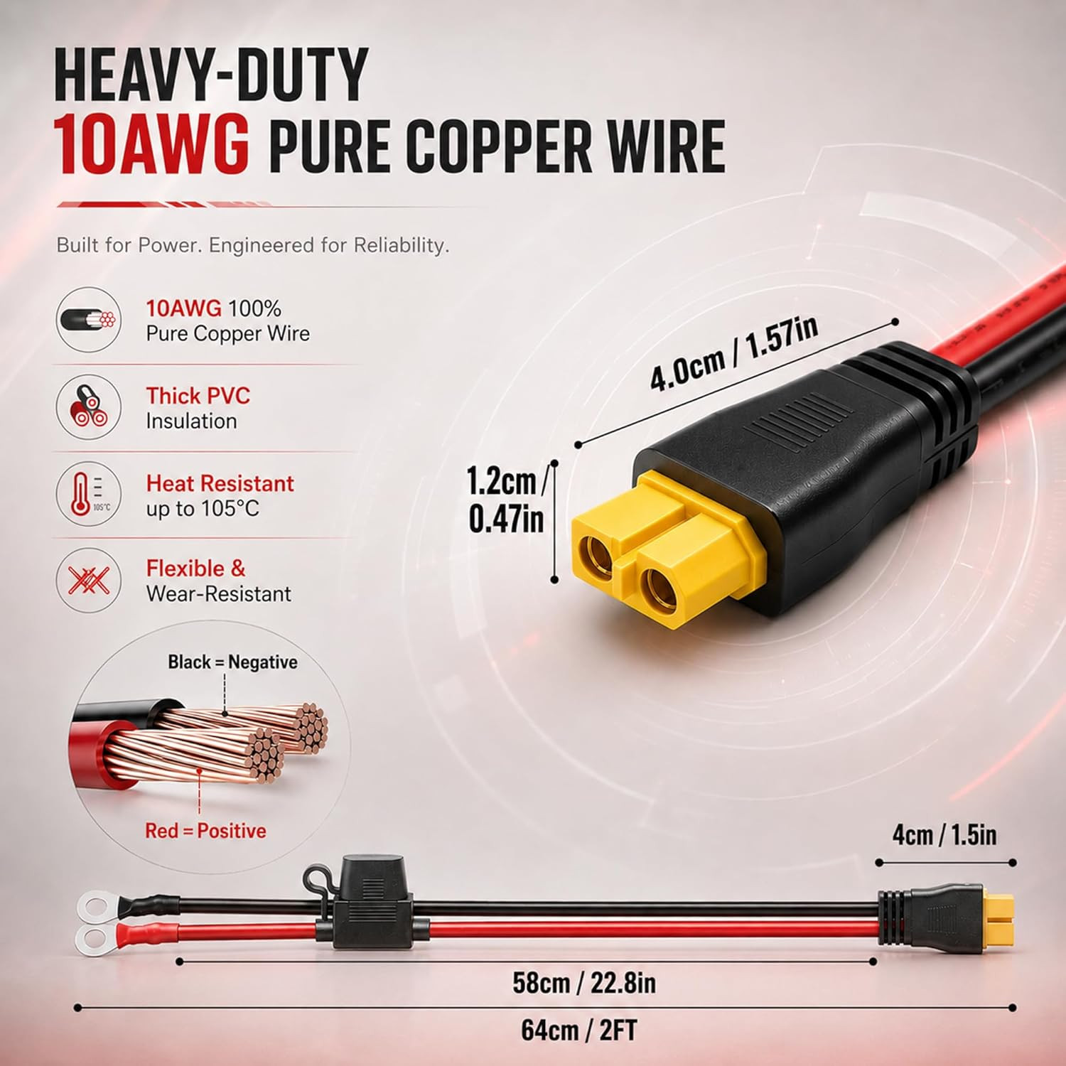 XT60 to O Ring Terminal Cable, 10AWG XT60 Connector Cable with Inline Fuse 15A/2