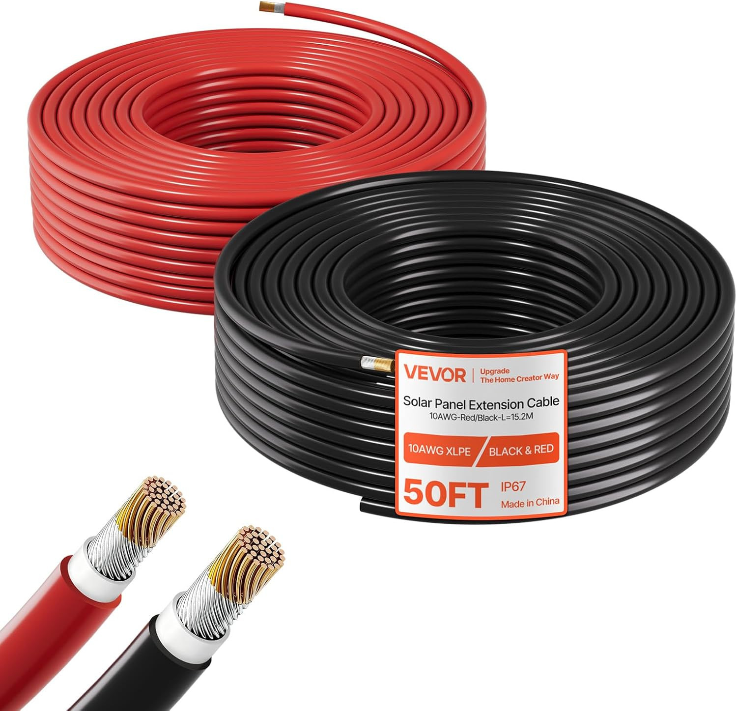 Solar Panel Wire, 50 Ft Black + 50 Ft Red Kit, 10 AWG (6 Mm²) Solar Panel Extens