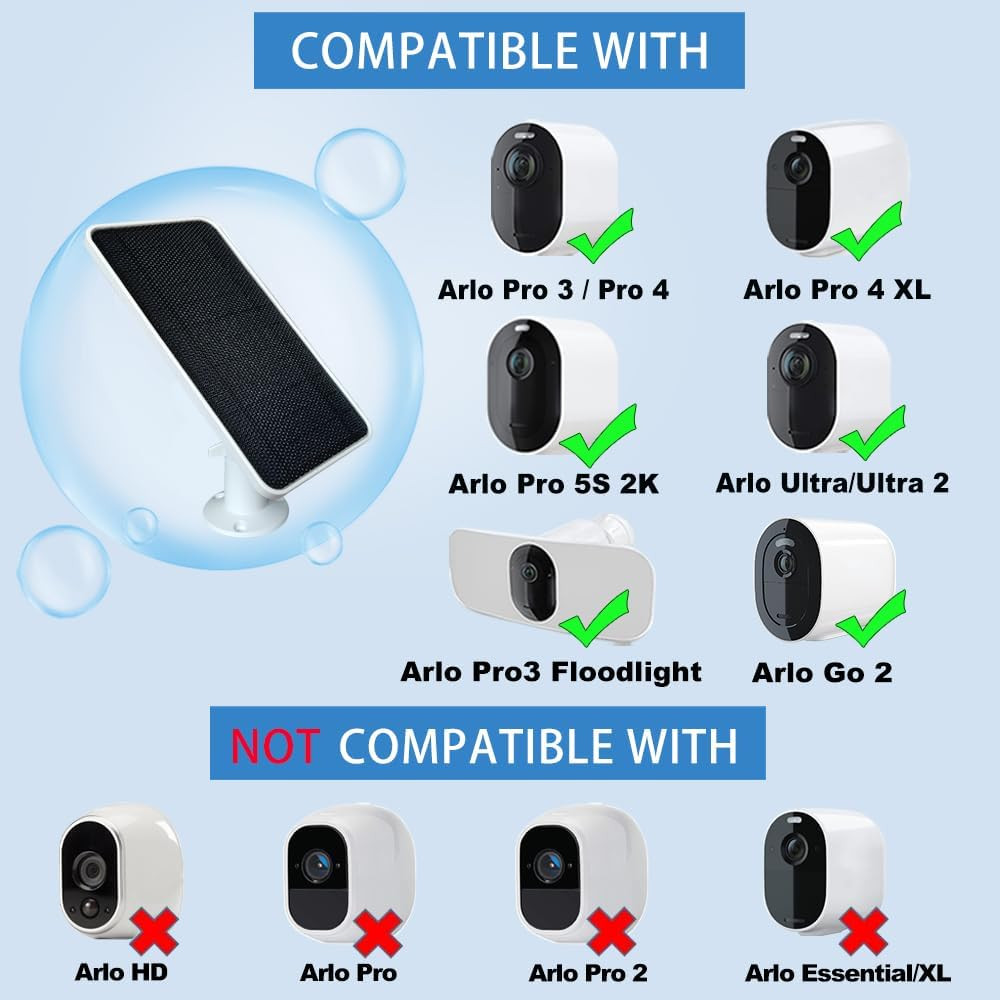 Solar Panel Charger for Arlo Pro 4, Pro 5S 2K, Ultra 2, Pro 4 XL, Go 2, Ultra &