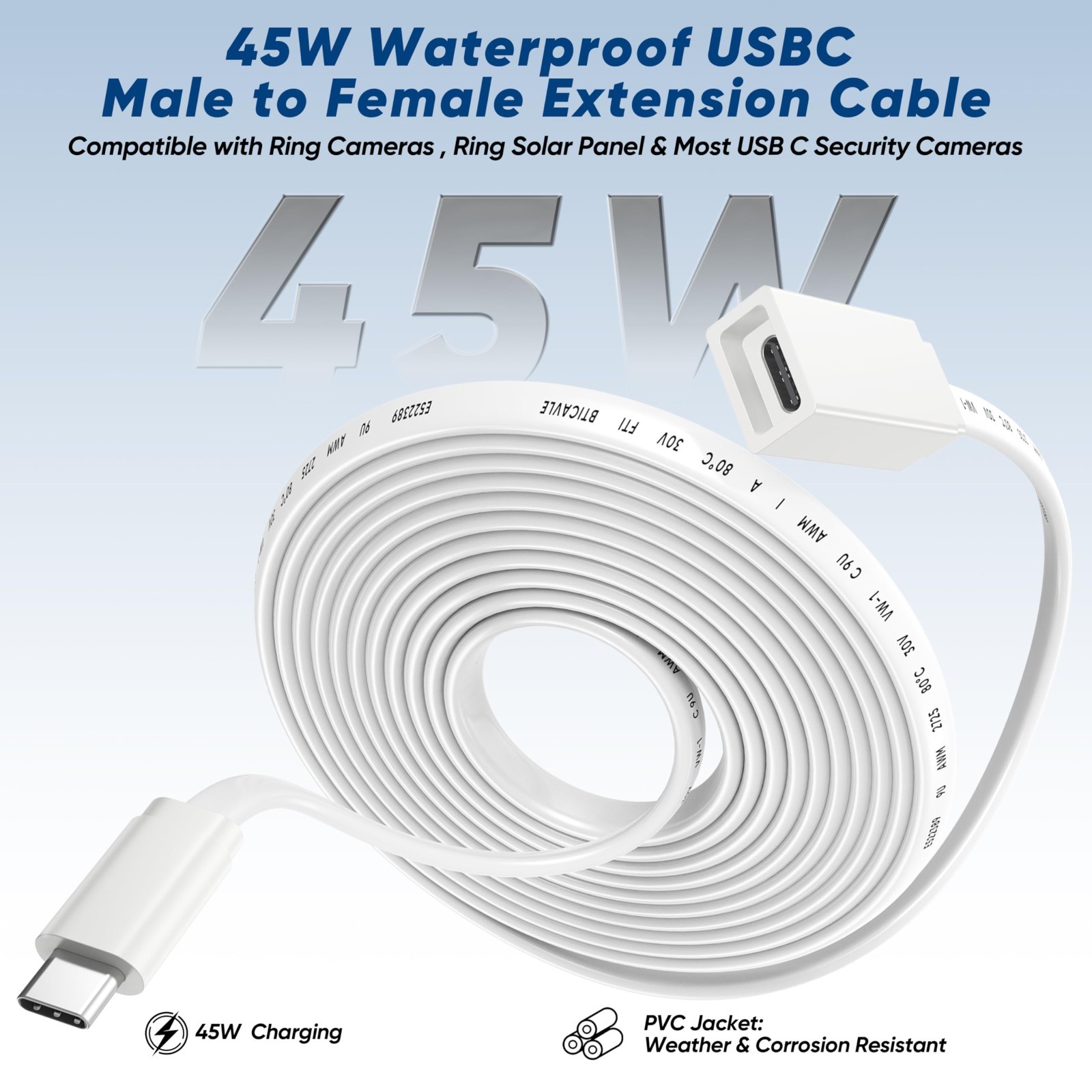 9.8ft USB-C Extension Cable, Waterproof Type C Male to Female Cord, 45W Charger