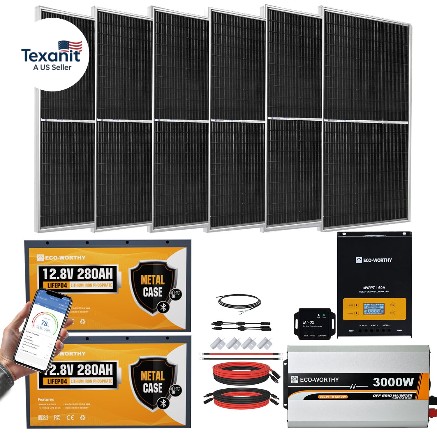 [Ultra] 1200W 24V 5.52KWH Lithium Battery Solar System off Grid:6Pcs 195W Solar