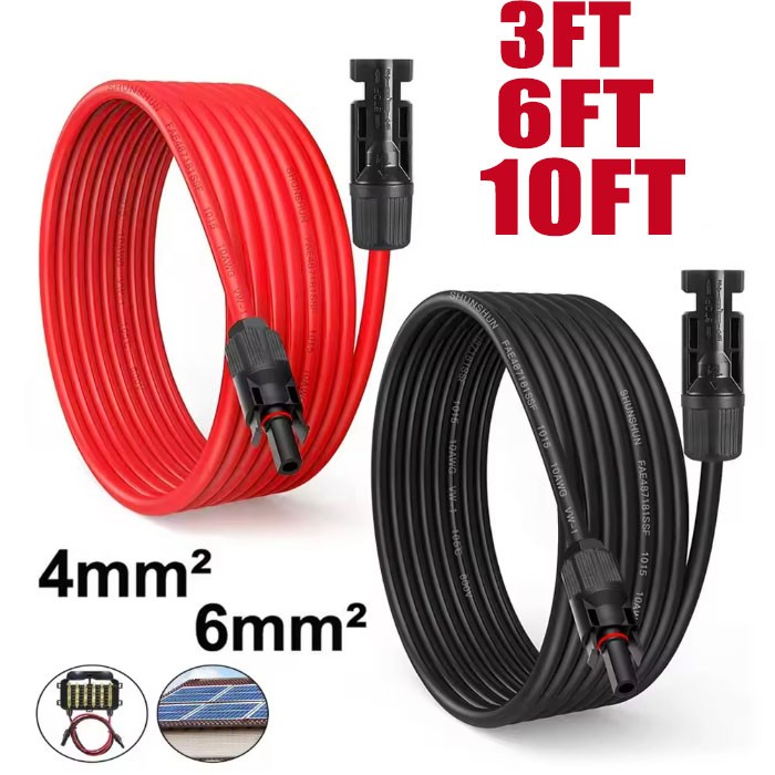Black+Red 10 AWG Solar Panel Extension Cable Silicone Flexible Wire Connectors