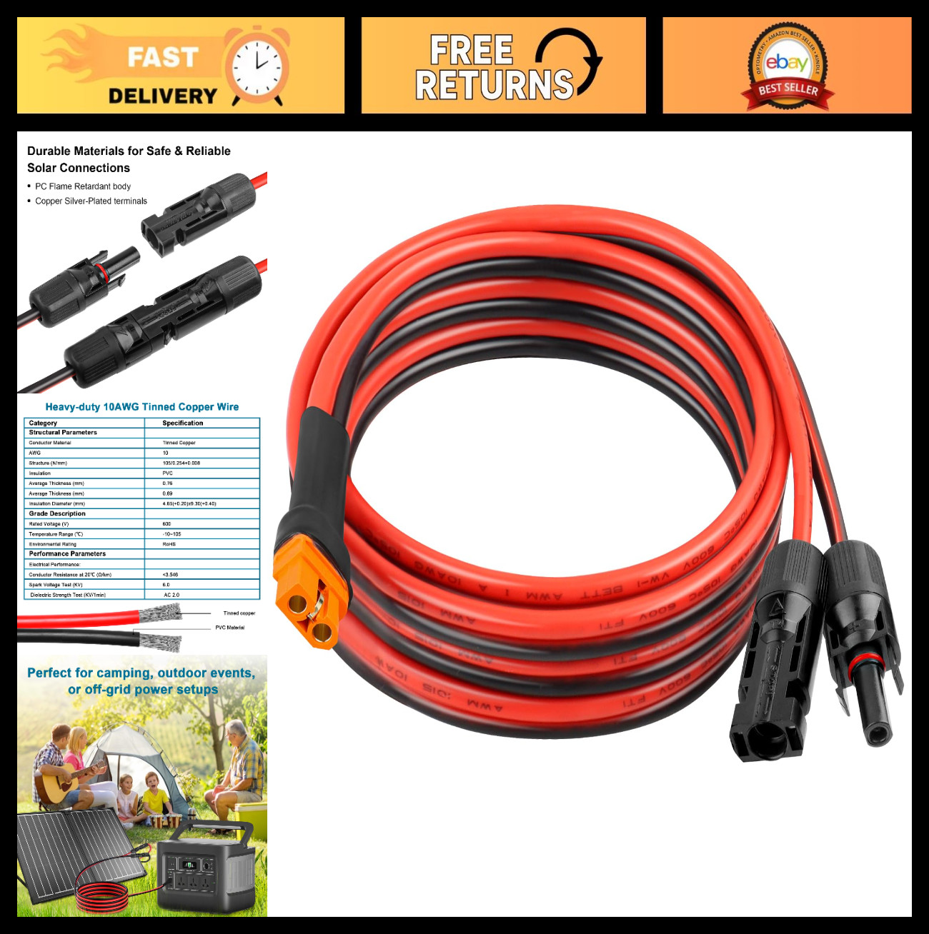 12FT XT60i Solar Panel Adapter Cable – 10AWG Tinned Copper Wire, PVC Jacket, Ext
