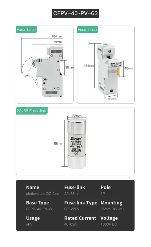 DC Fuse Holder PV DIN Rail Mounting 1000V Photovoltaic System Strings 6A-63A