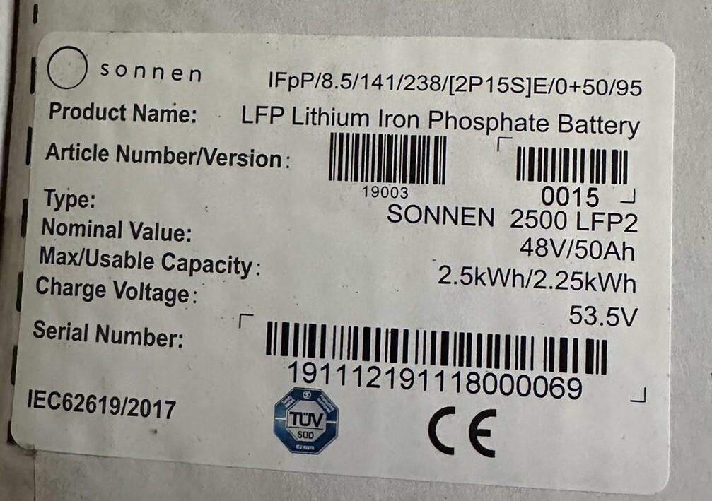 New Sonnen 2500 LFP2 Solar Lithium Iron Phosphate Battery 48V 50Ah 2.5kw